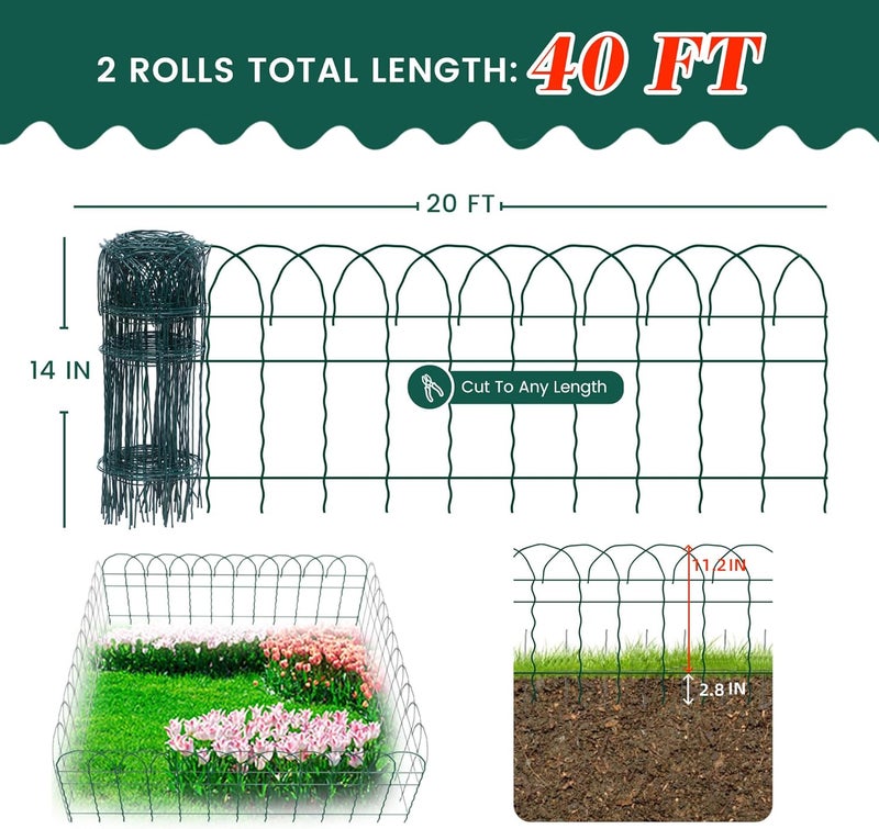 PROWORX 2 Rolls Green Garden Fence Border, 14 in x 40 ft Metal Folding Fence Wire Roll Garden Border Edging, Garden Fence Roll Flower Bed Fencing for Outdoor Yard - Image 4